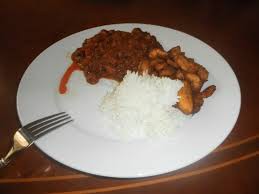 PLAIN RICE WITH BEANS STEW AND FRIED PLANTAIN